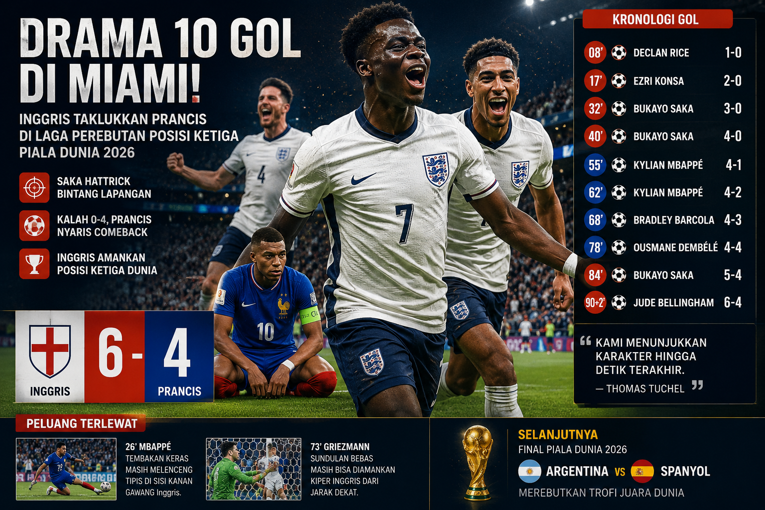 DRAMA 10 GOL DI MIAMI! Inggris Hancurkan Prancis 6-4,Rebut Posisi Ketiga Dunia